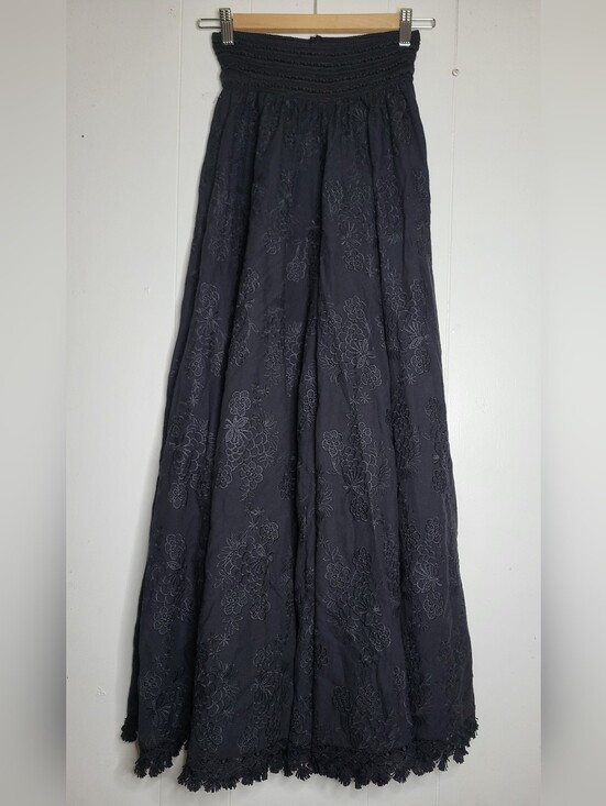 Antica Sartoria Pants - Black Embroidered Maxi Pants Smocked Waist